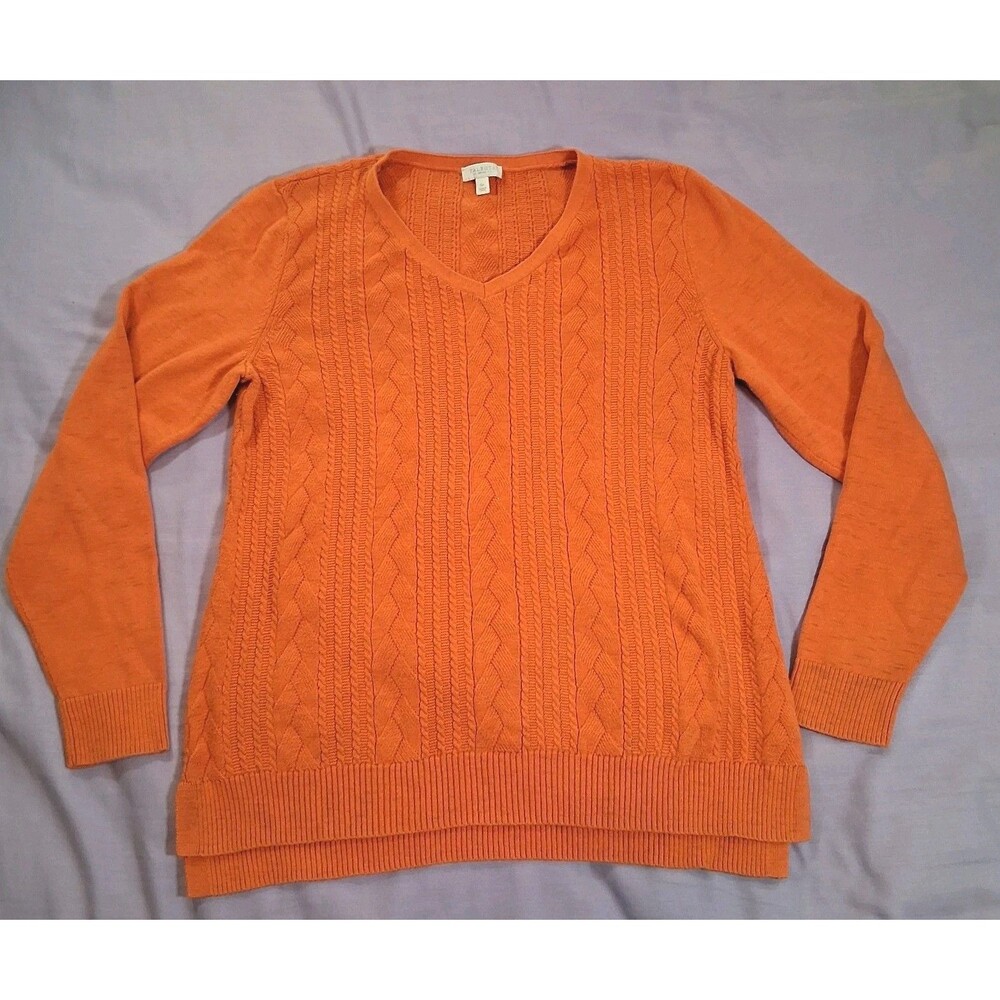 Talbots Sweater Top Blouse Orange Petite Small Embroidered Cable Knit Light